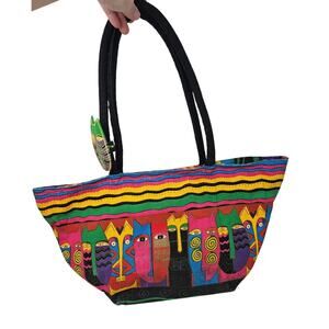 Vintage 90s Laurel Burch Cat Lady Tote Bag Boho Art Fantasticats Rainbow
